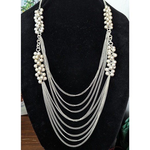 Cluster Beaded Festoon Bib Necklace Multi Strand Chain Silver Tone - Picture 3 of 4